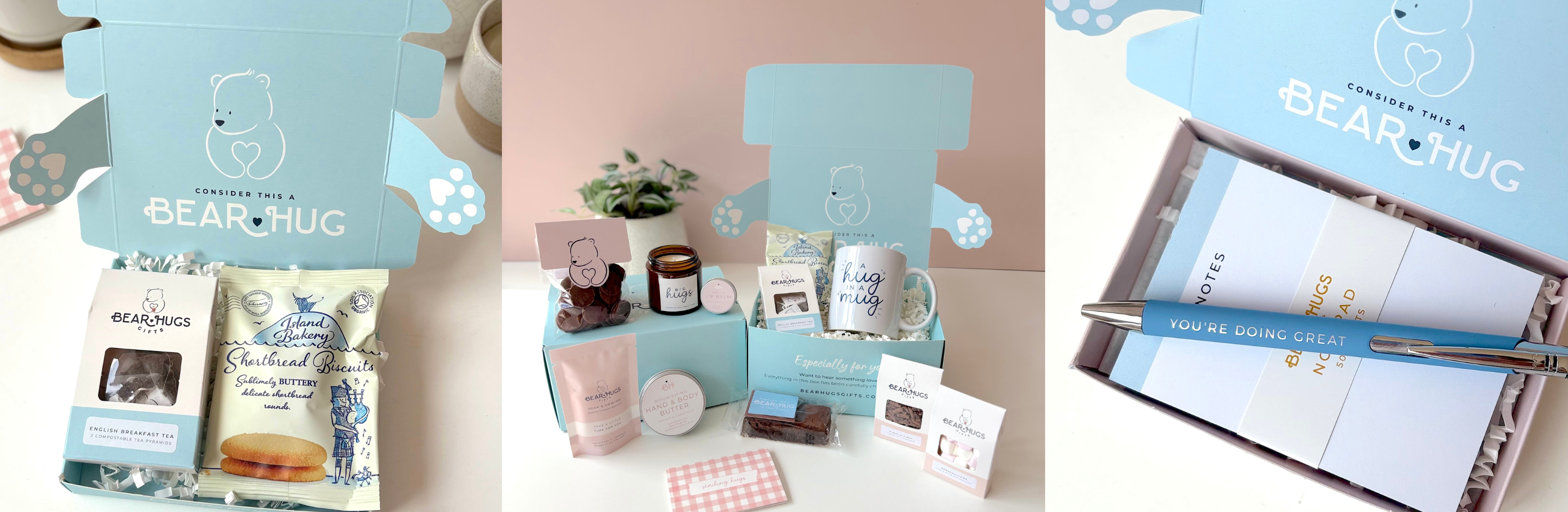 A collage of three small product photos at the top on a large cream background, showing a light blue bear-themed gift set or stationery arrangement. The top-left panel shows packaged items and a card with a bear illustration.
