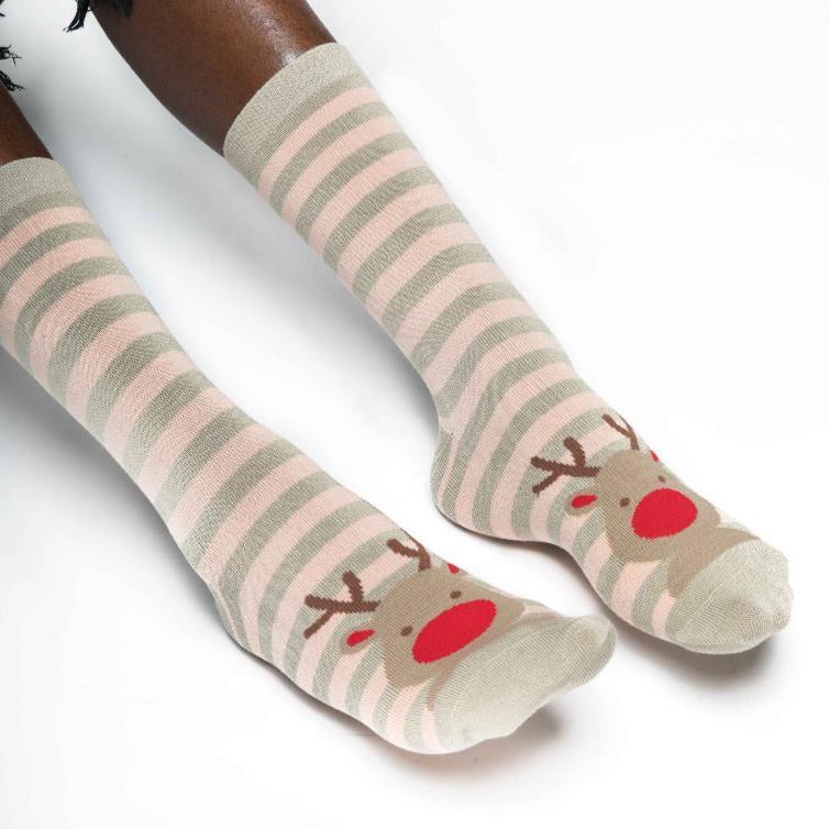 Bamboo Grey and Pink Reindeer Christmas Socks (One Size) - BearHugs