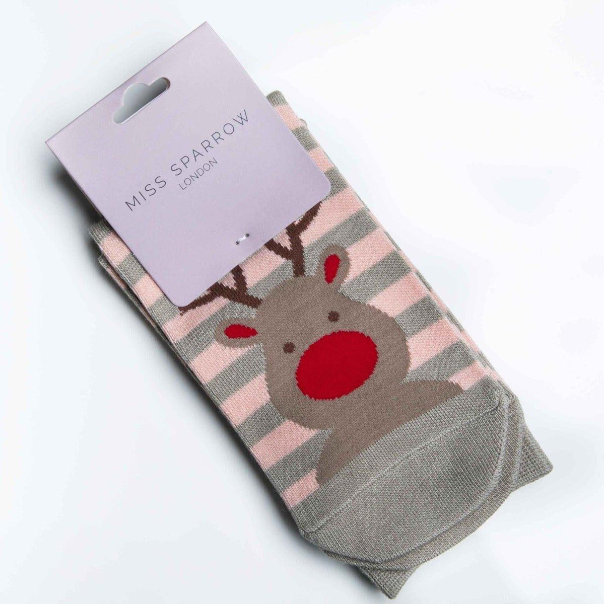 Bamboo Grey and Pink Reindeer Christmas Socks (One Size) - BearHugs