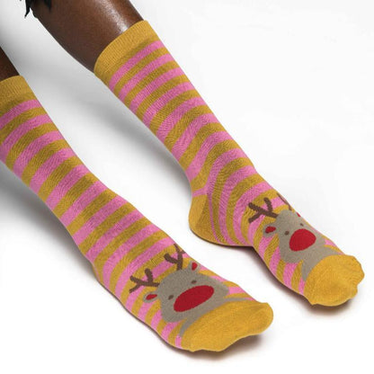 Bamboo Mustard and Pink Reindeer Christmas Socks (One Size) - BearHugs