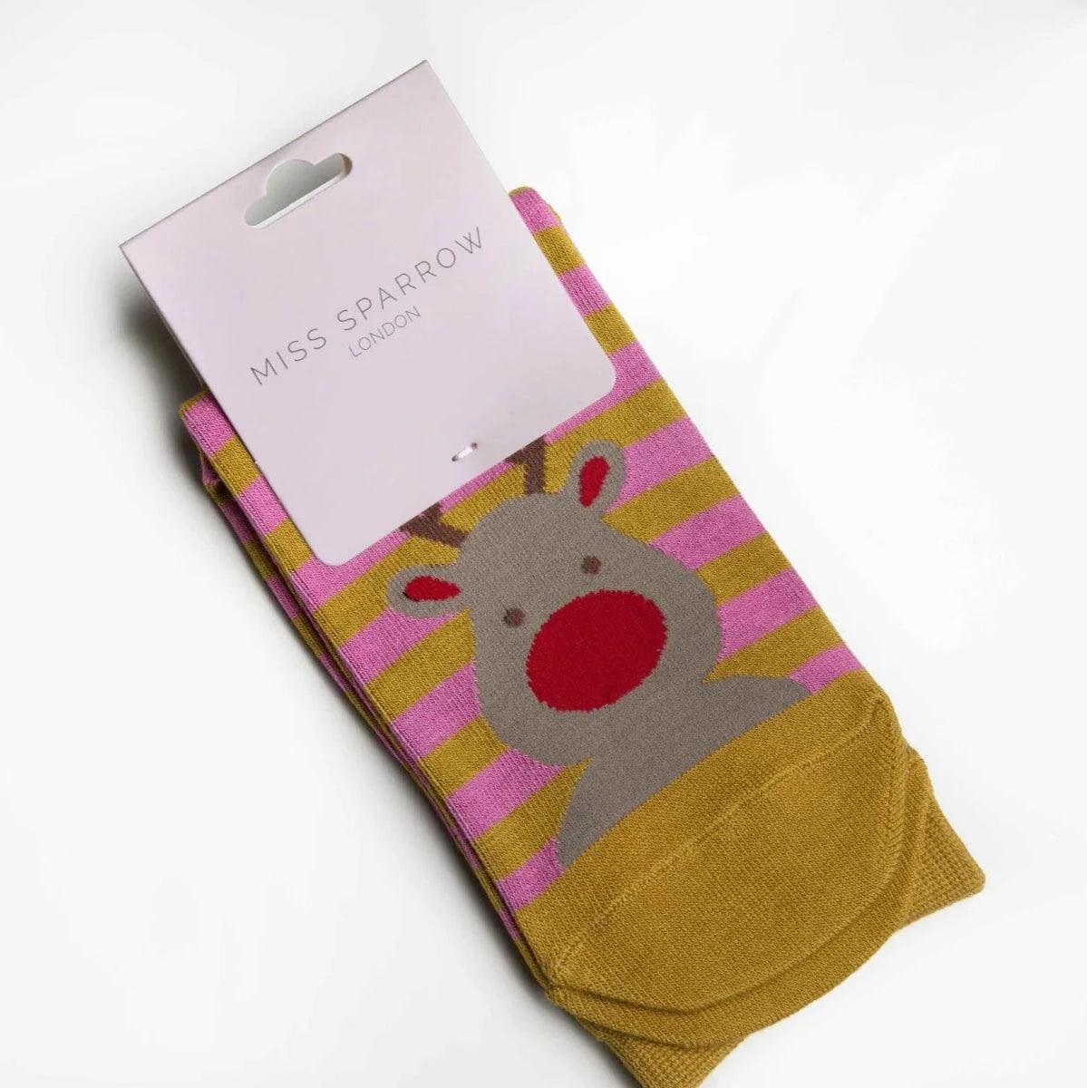 Bamboo Mustard and Pink Reindeer Christmas Socks (One Size) - BearHugs