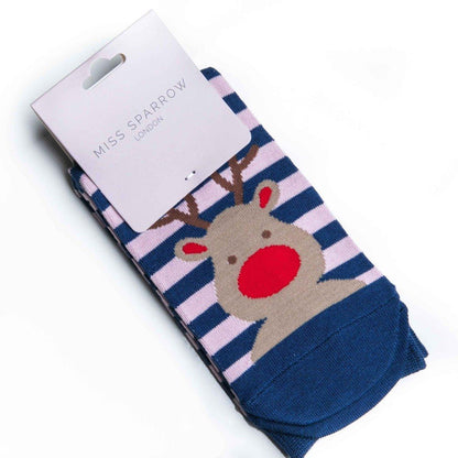 Bamboo Navy Blue Reindeer Christmas Socks (One Size) - BearHugs