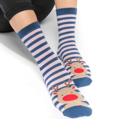 Bamboo Navy Blue Reindeer Christmas Socks (One Size) - BearHugs