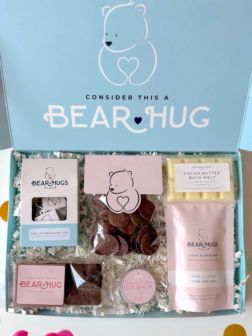 Birthday Treats & Relaxation Letterbox Hug in a Box - BearHugs - thinking of you gifts by post