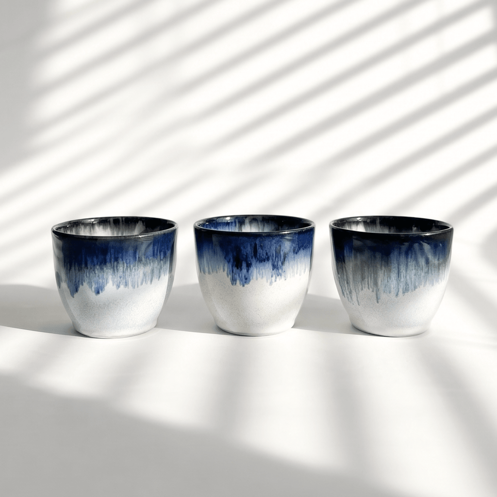 Handmade Blue Glaze 6oz Flat White Cup - BearHugs - thinking of you gifts by post