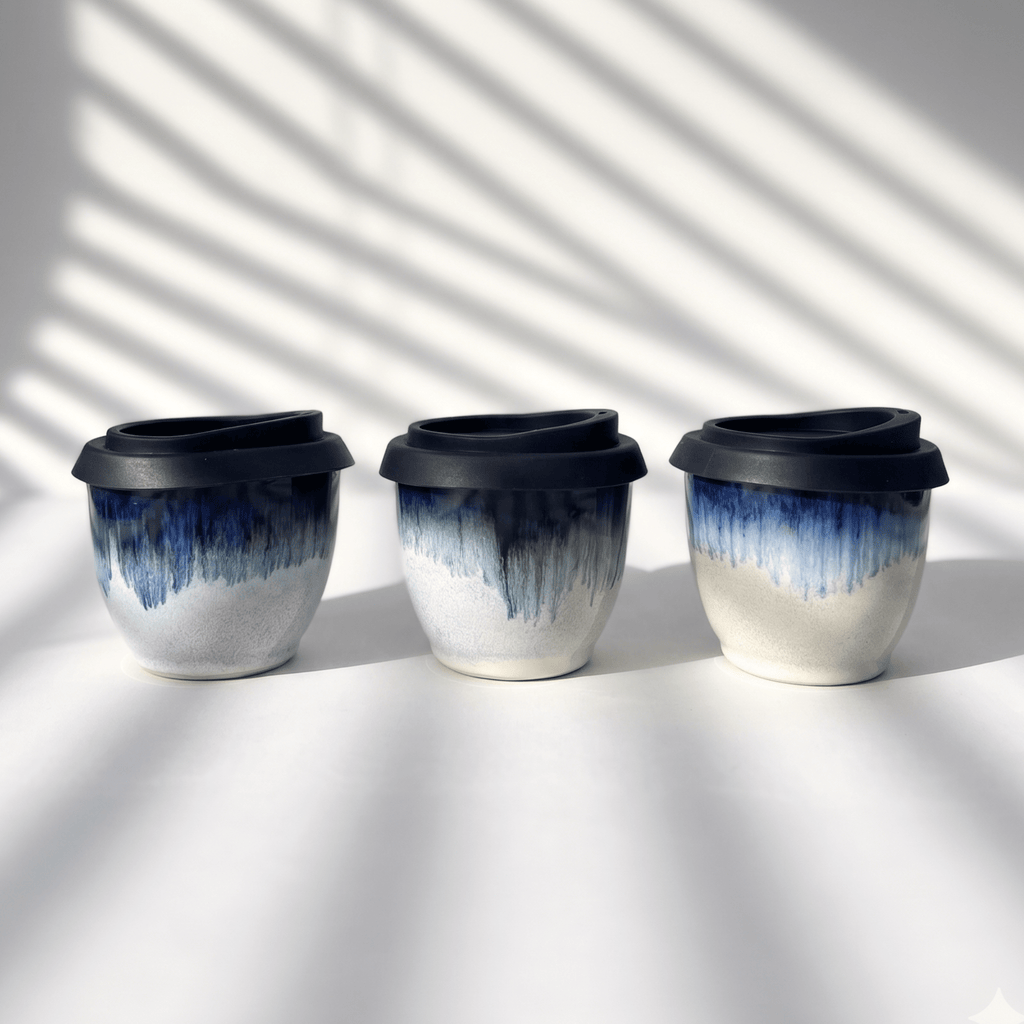 Handmade Blue Glaze 6oz Flat White Cup - BearHugs - thinking of you gifts by post
