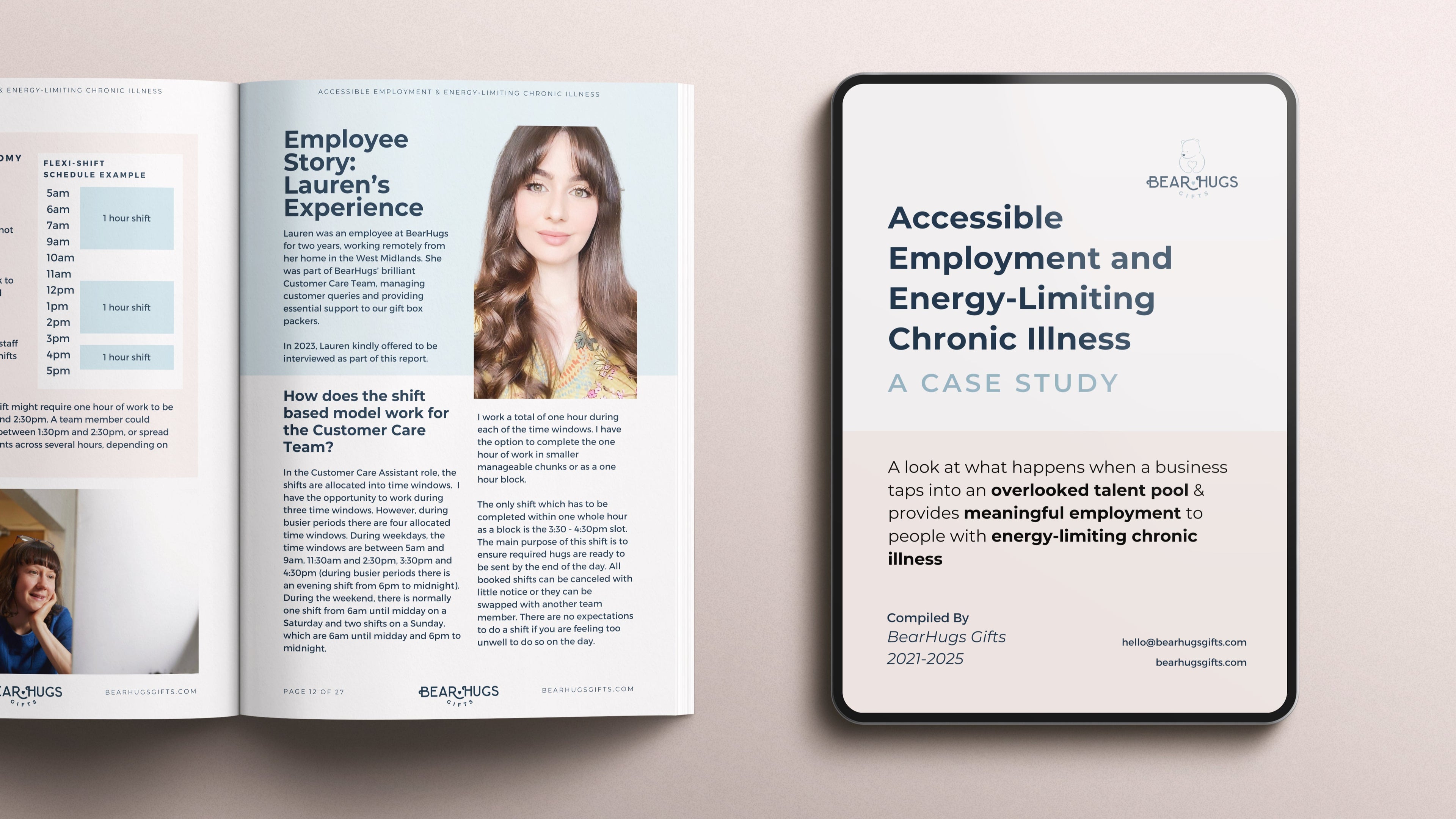 Open book with a case study on accessible employment and energy-limiting chronic illness, displayed on a light background.